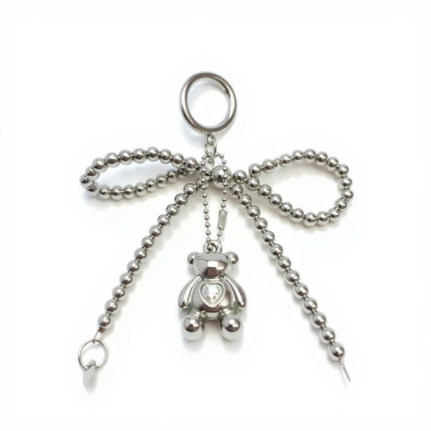 Metallic Beaded Bow Keychain with Crystal Bear Charm and Ring Accent