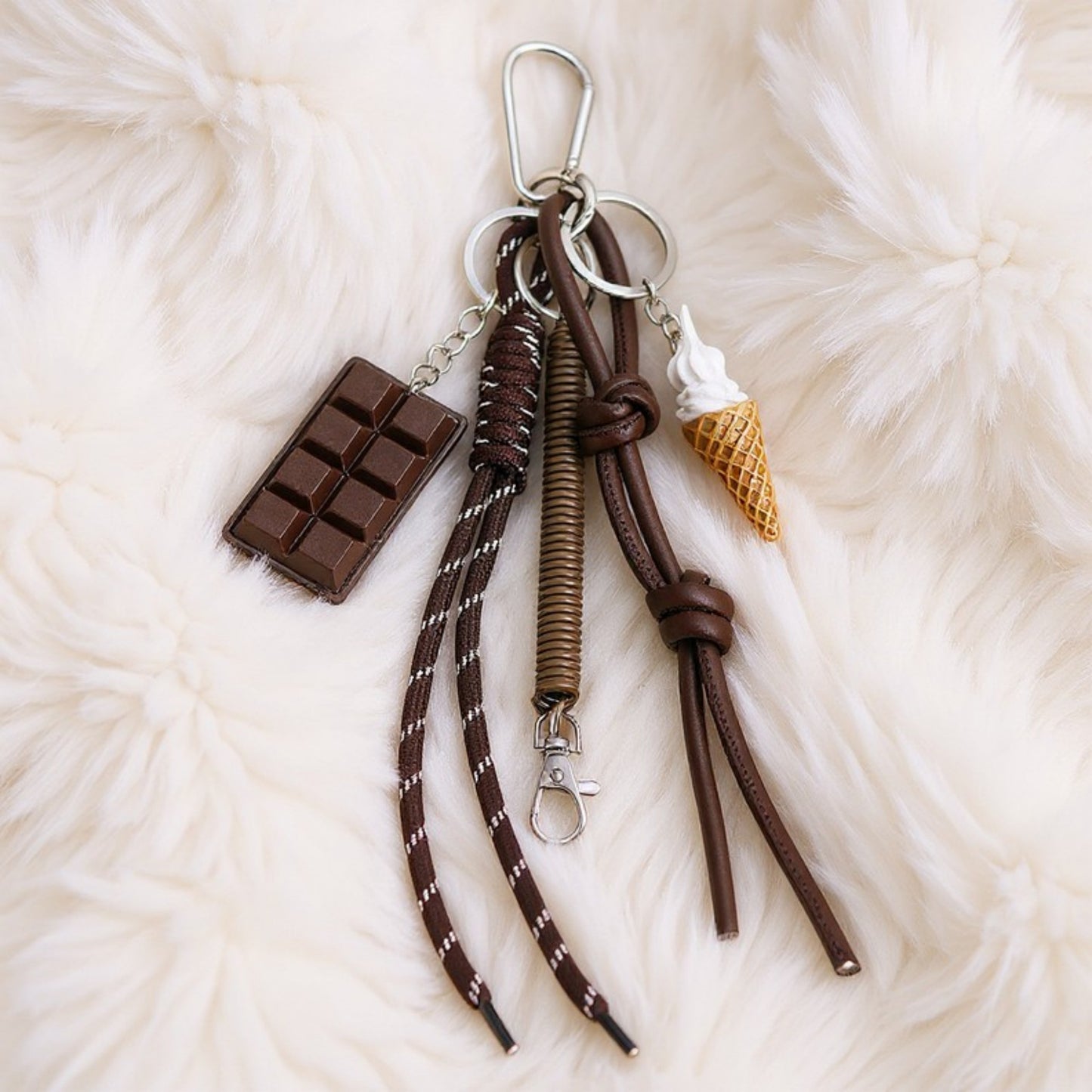 Chocolate and Ice Cream Charm Keychain with Faux Leather Straps and Metal Details