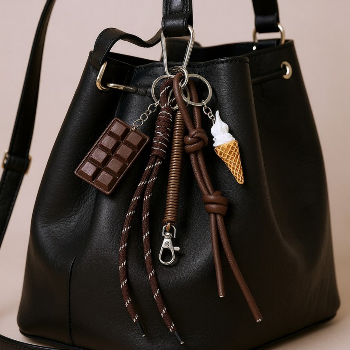 Chocolate and Ice Cream Charm Keychain with Faux Leather Straps and Metal Details
