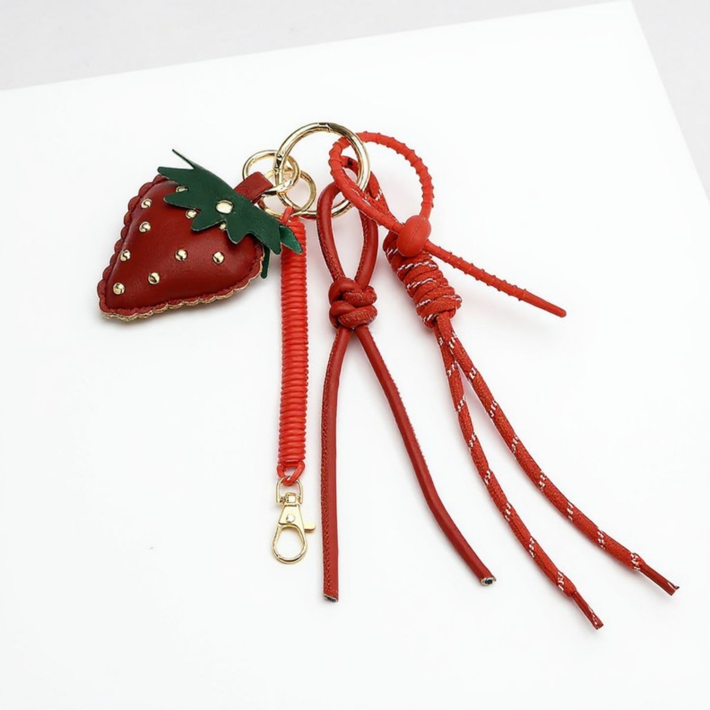 Strawberry Charm Keychain with Faux Leather Straps and Gold-Tone Details