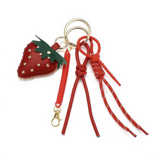 Strawberry Charm Keychain with Faux Leather Straps and Gold-Tone Details