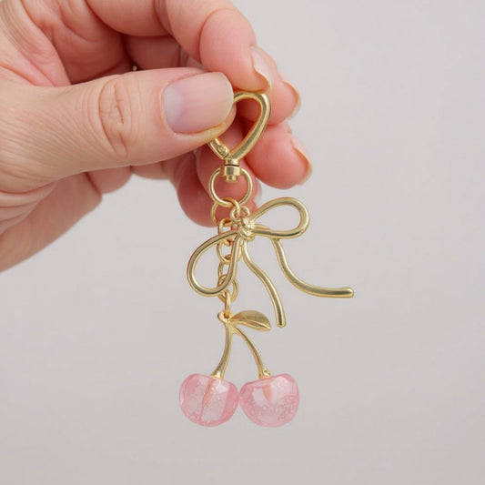 Gold Bow Keychain with Pink Cherry Charms and Heart Clasp