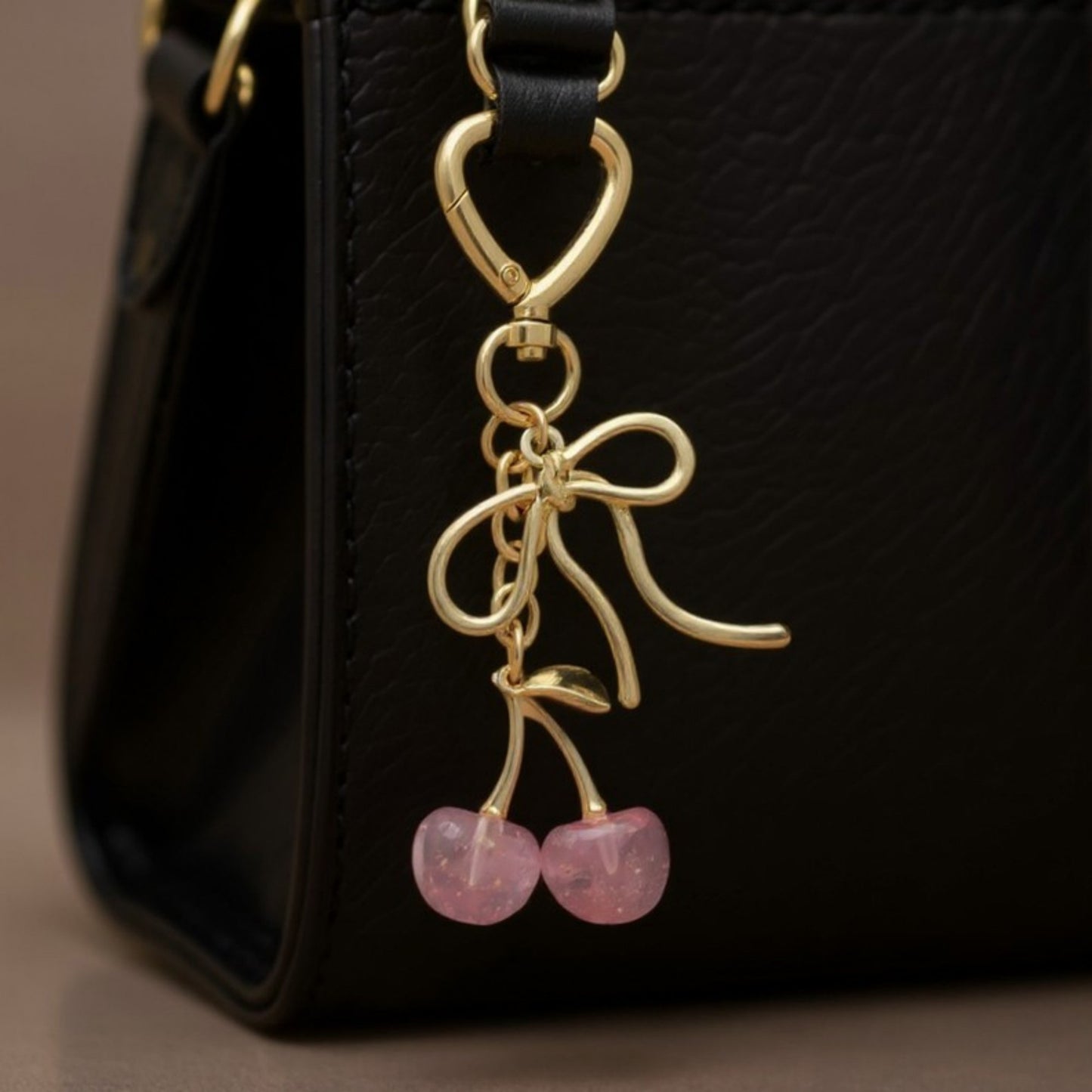 Gold Bow Keychain with Pink Cherry Charms and Heart Clasp