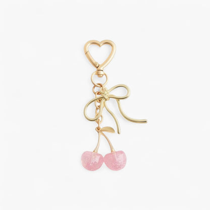 Gold Bow Keychain with Pink Cherry Charms and Heart Clasp