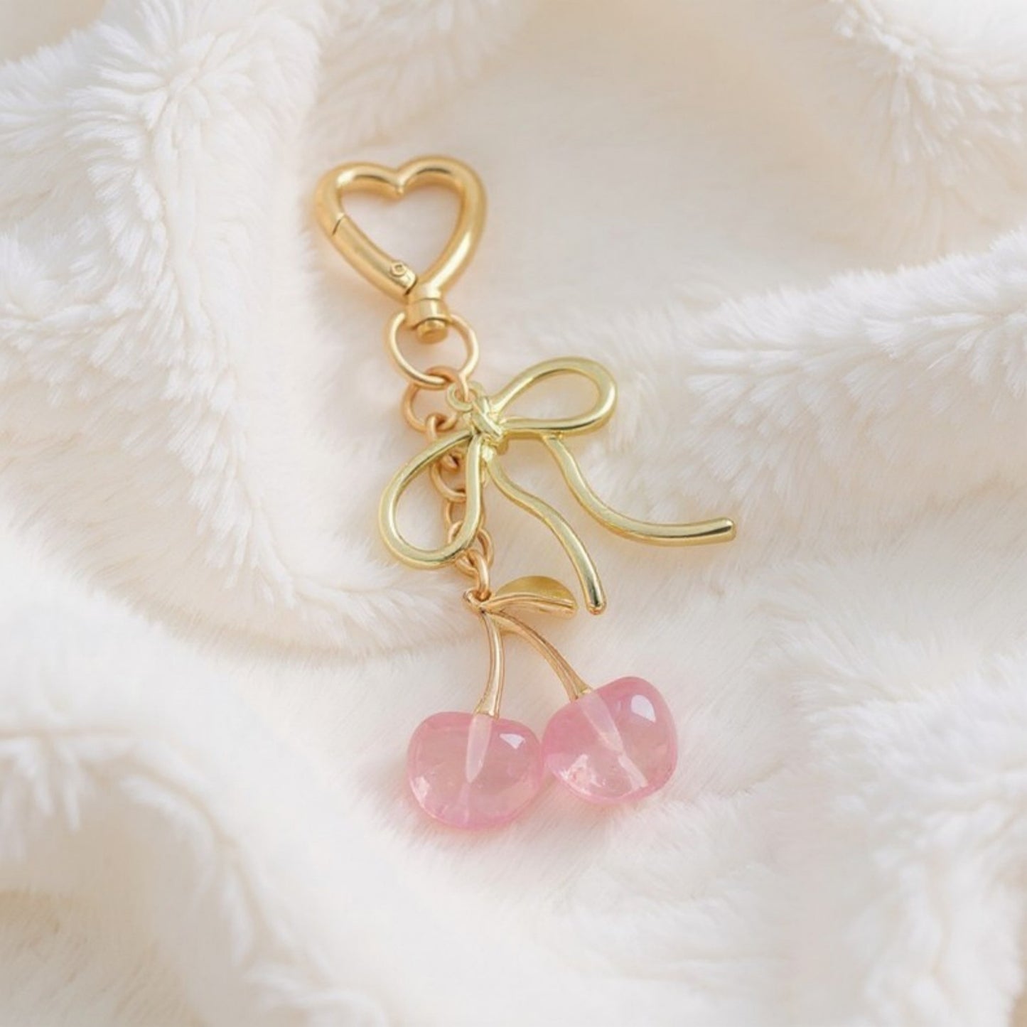 Gold Bow Keychain with Pink Cherry Charms and Heart Clasp