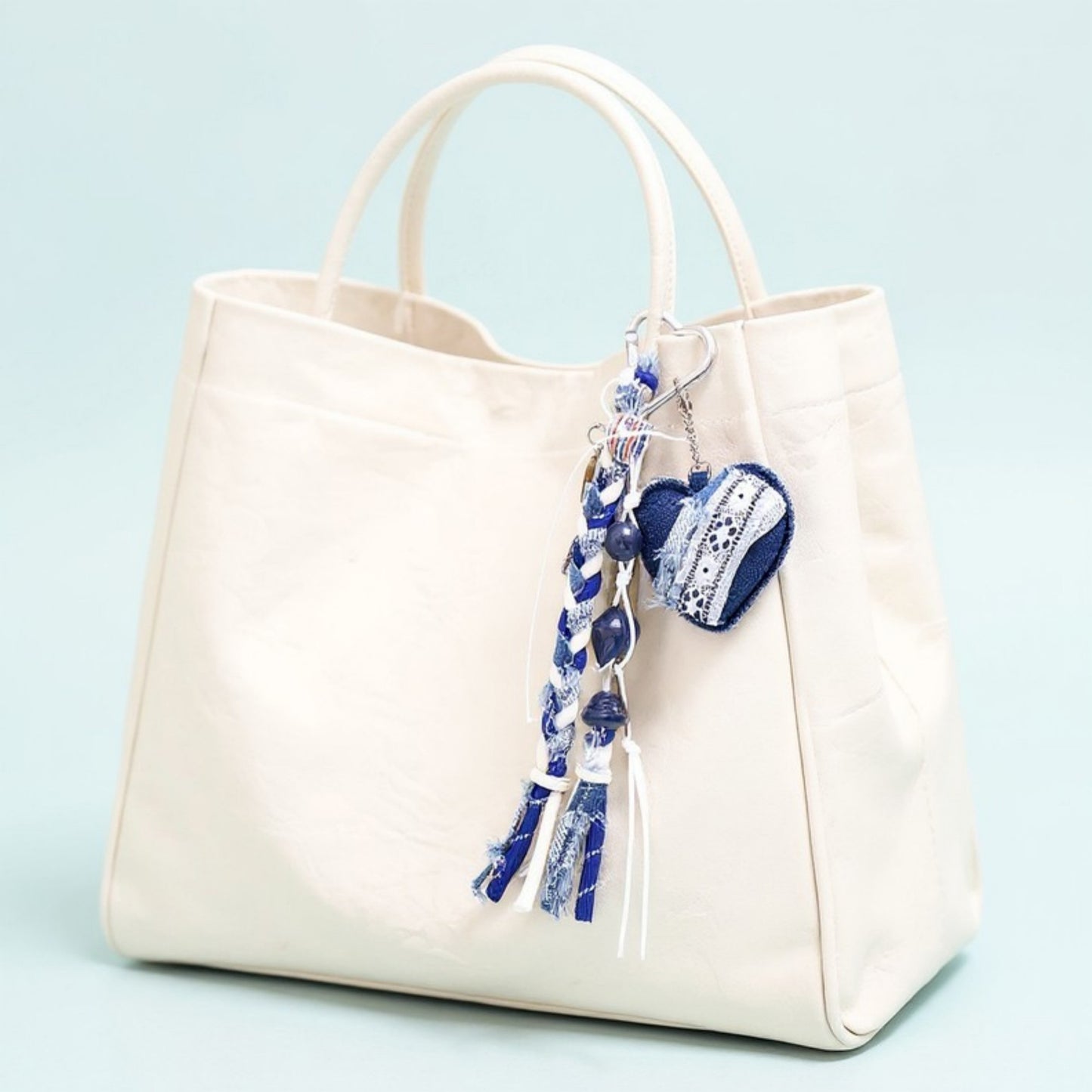 Denim Heart Charm Keychain with Braided Straps and Vintage Key Accent