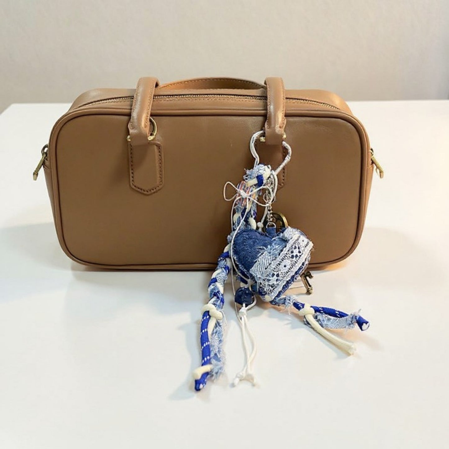 Denim Heart Charm Keychain with Braided Straps and Vintage Key Accent