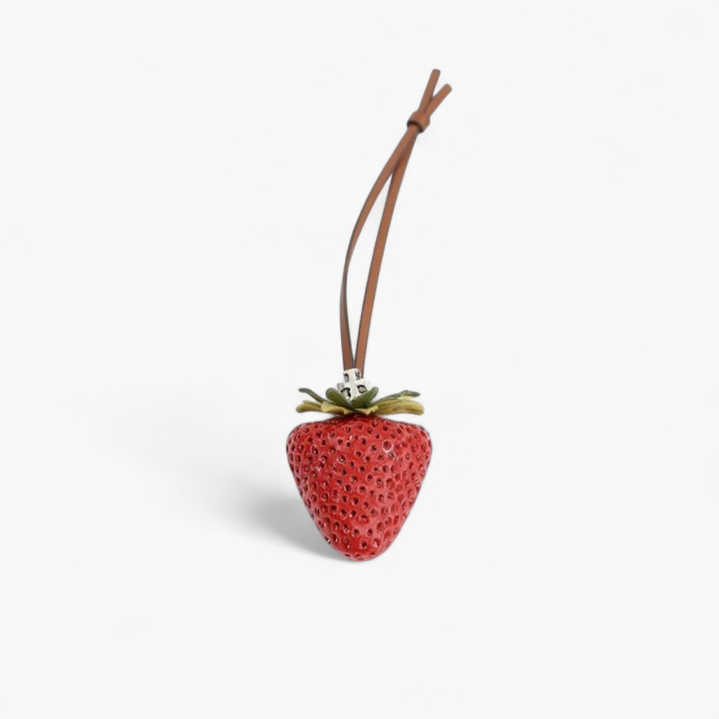 Realistic Strawberry Charm Keychain with Faux Leather Strap