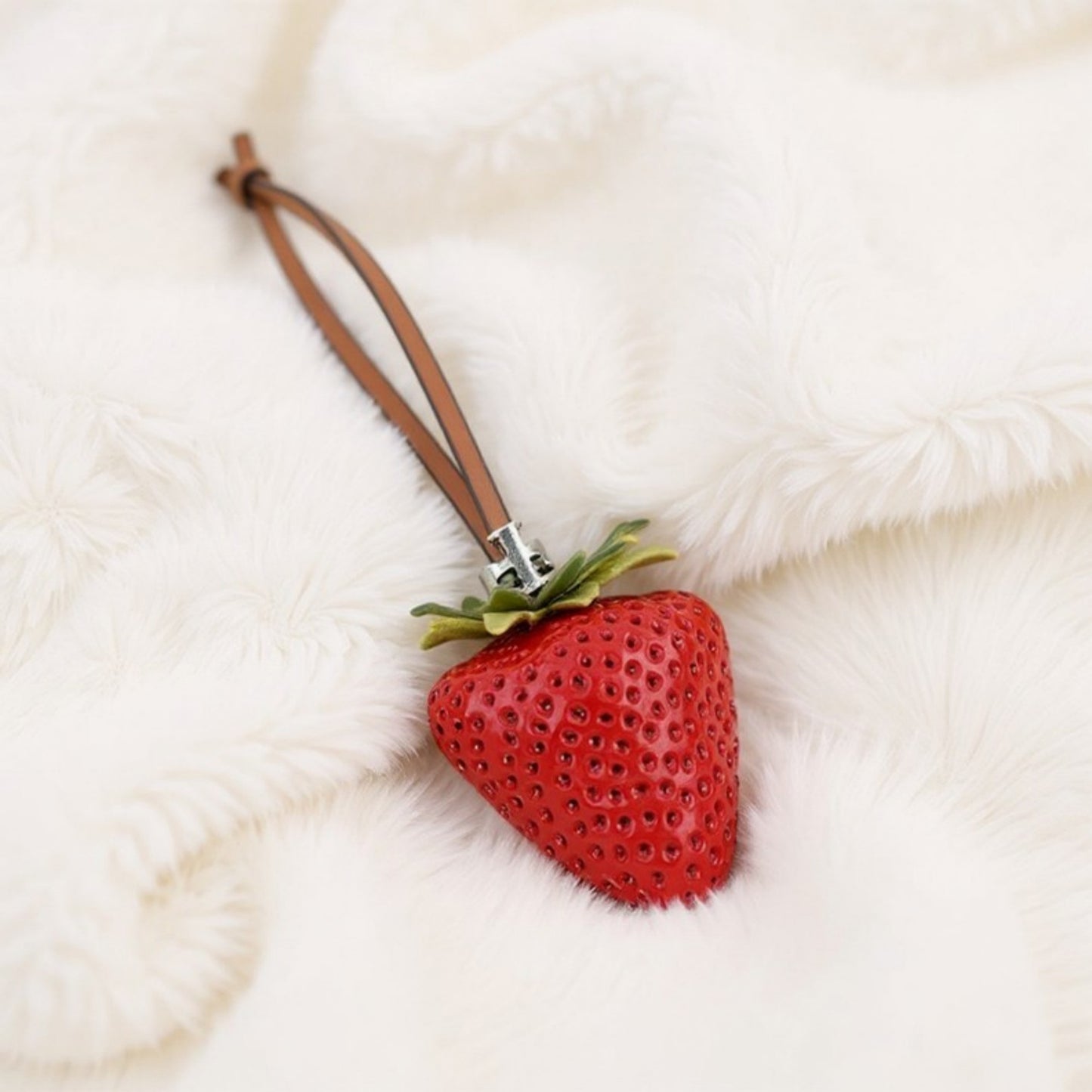 Realistic Strawberry Charm Keychain with Faux Leather Strap