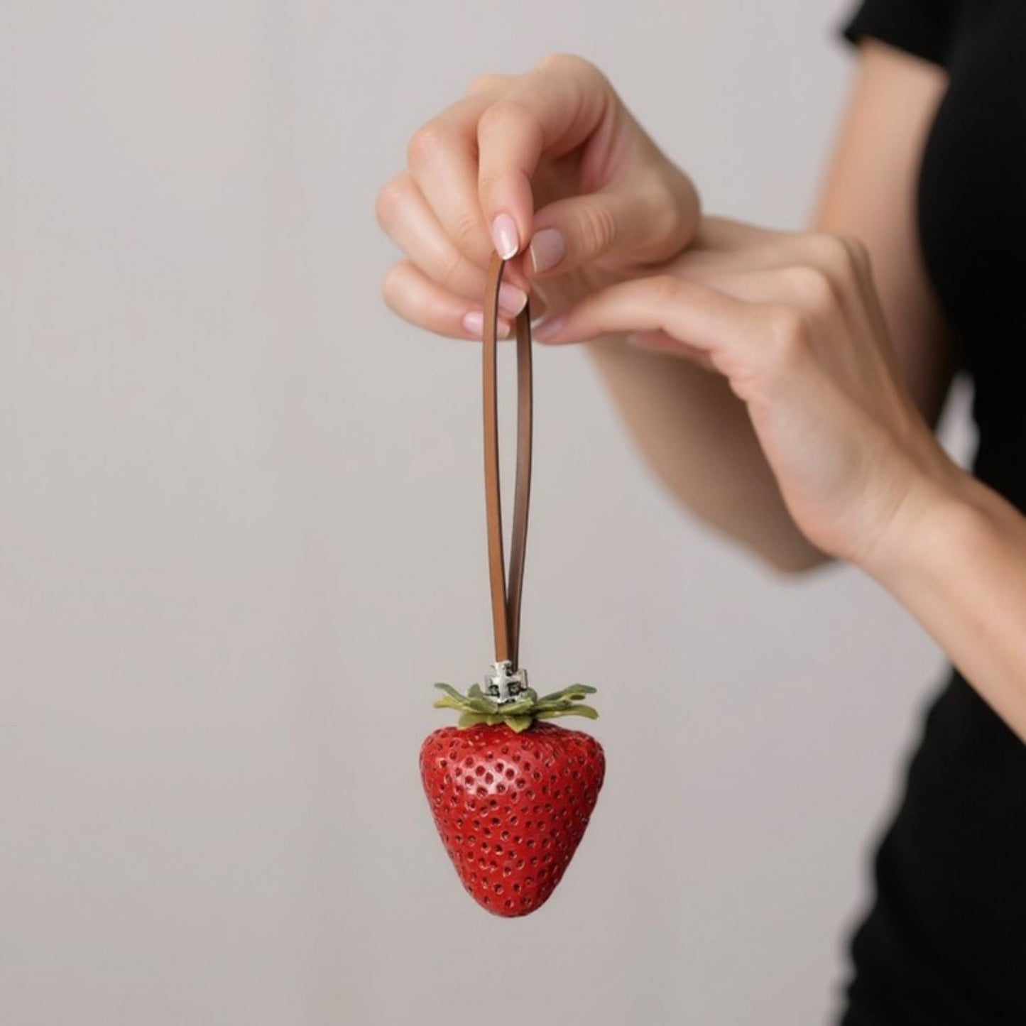 Realistic Strawberry Charm Keychain with Faux Leather Strap