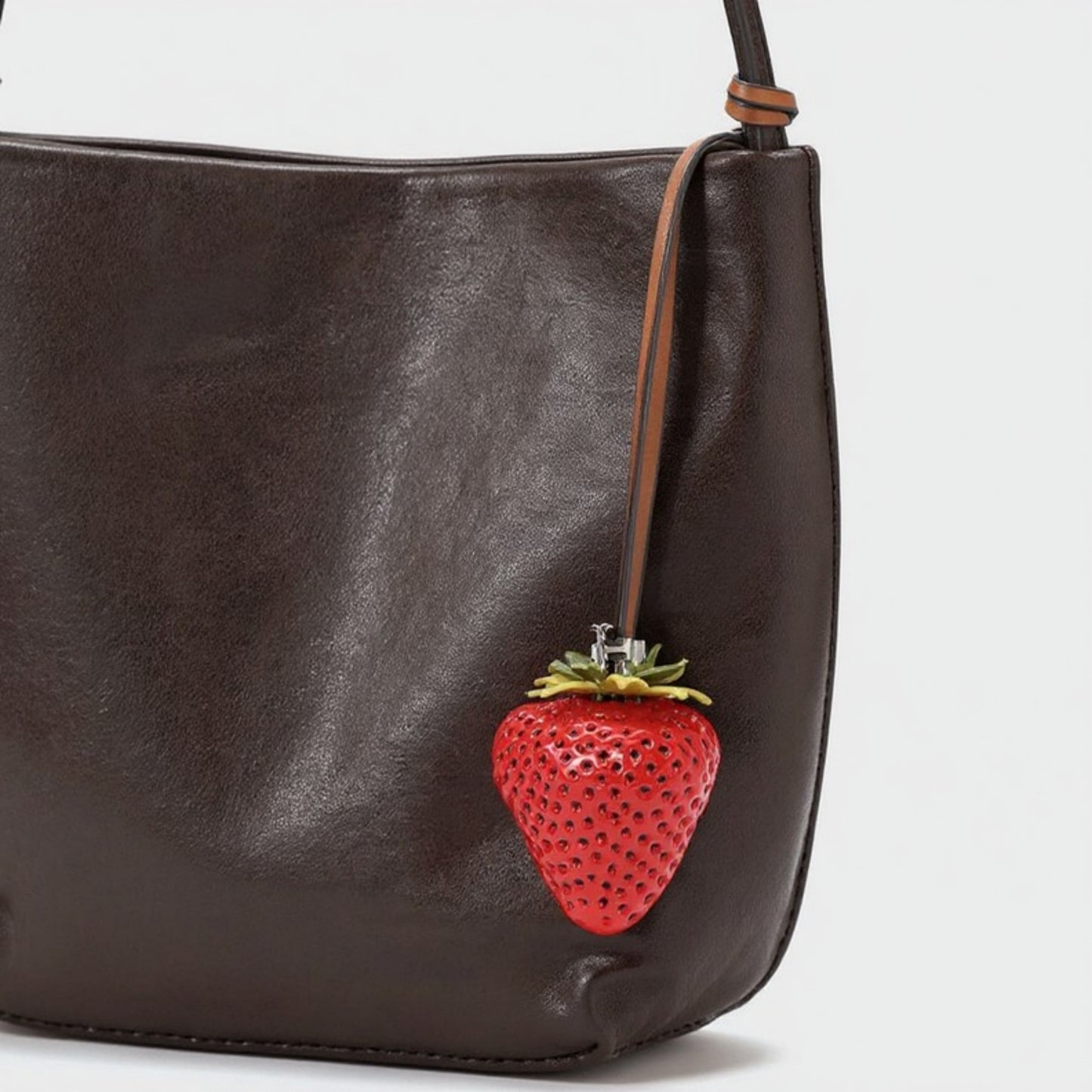 Realistic Strawberry Charm Keychain with Faux Leather Strap