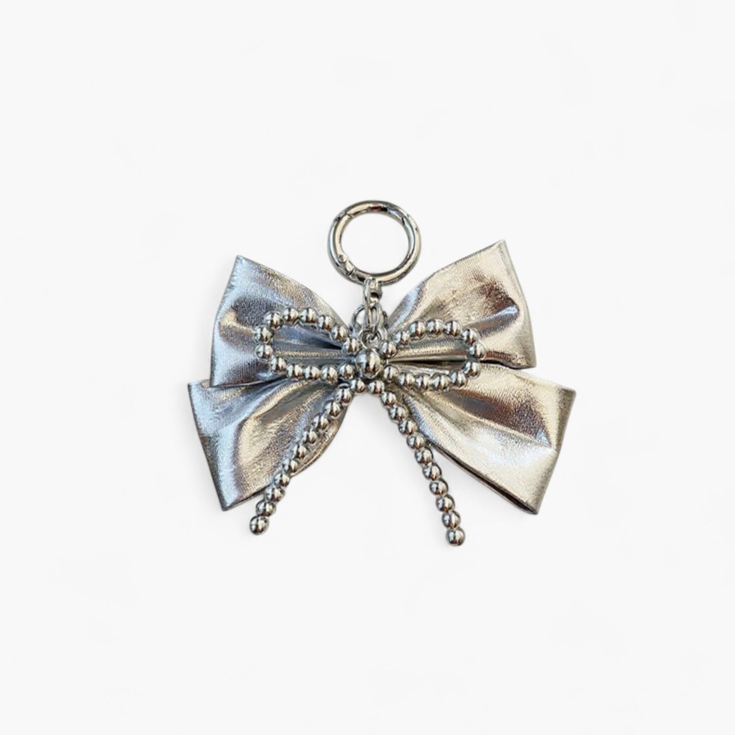 Metallic Bow Charm Keychain with Silver Beaded Detailing