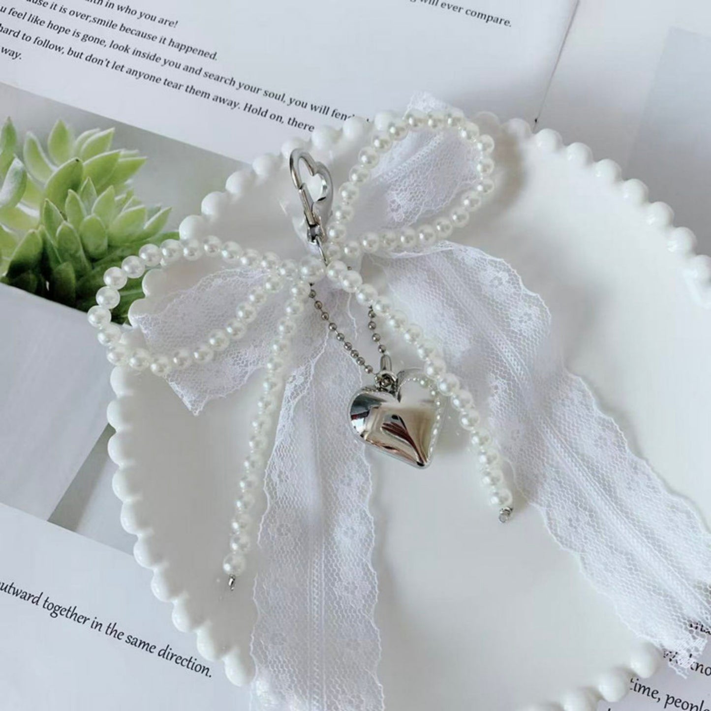 Lace Bow Charm Keychain with Pearl Trim and Silver Heart Pendant