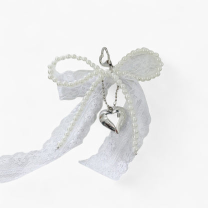 Lace Bow Charm Keychain with Pearl Trim and Silver Heart Pendant