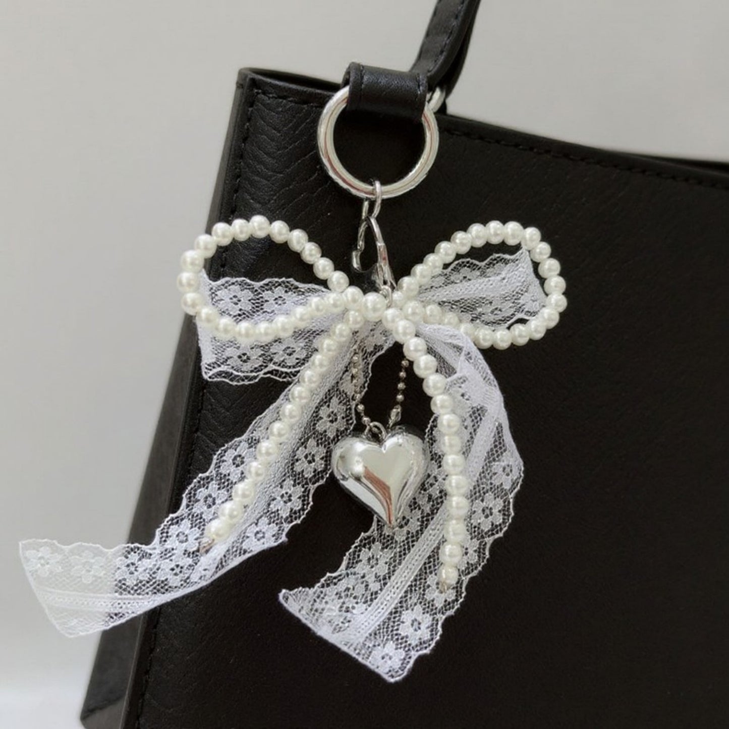 Lace Bow Charm Keychain with Pearl Trim and Silver Heart Pendant