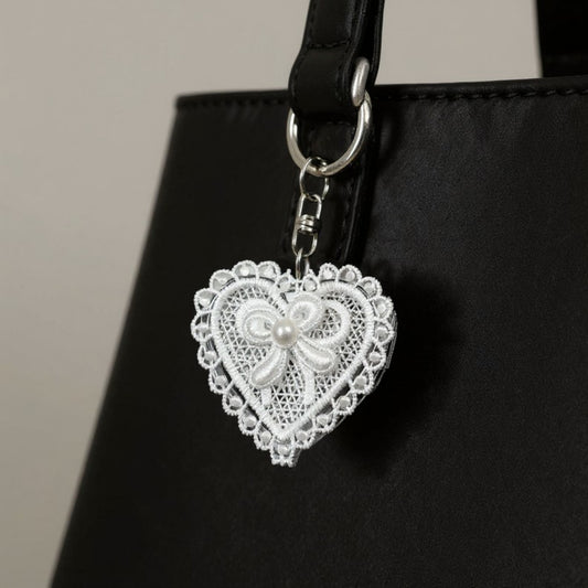 Lace Heart Charm Keychain with Pearl Bow Accent