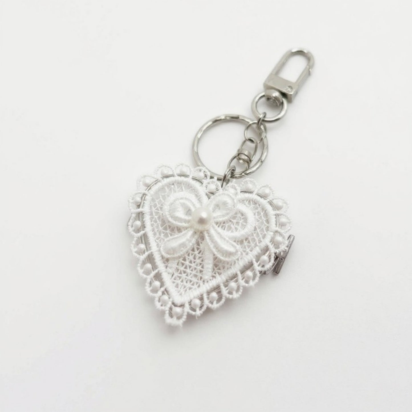 Lace Heart Charm Keychain with Pearl Bow Accent
