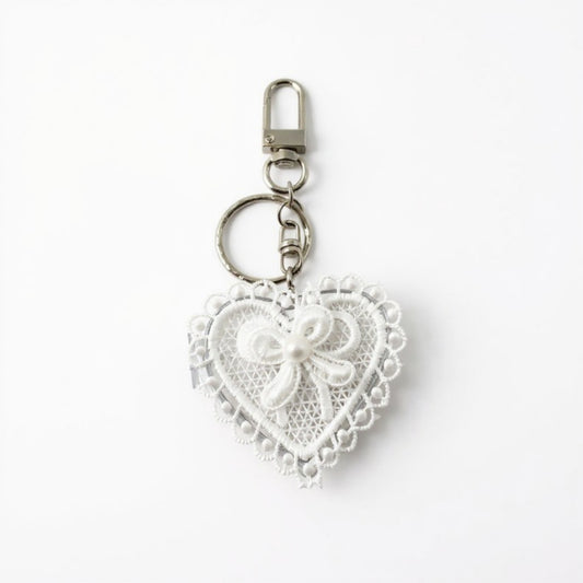 Lace Heart Charm Keychain with Pearl Bow Accent