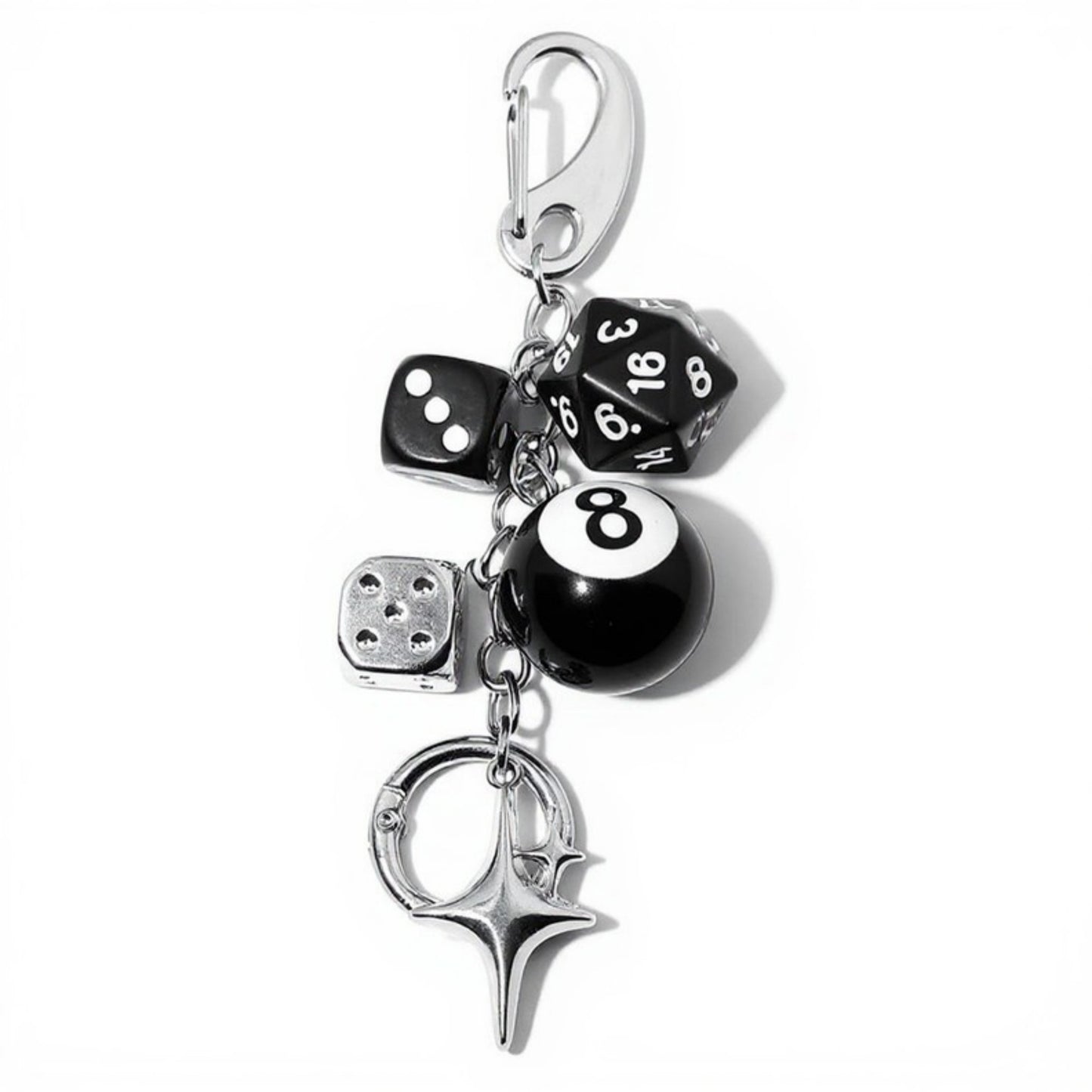 Dice and 8-Ball Charm Keychain with Star Pendant