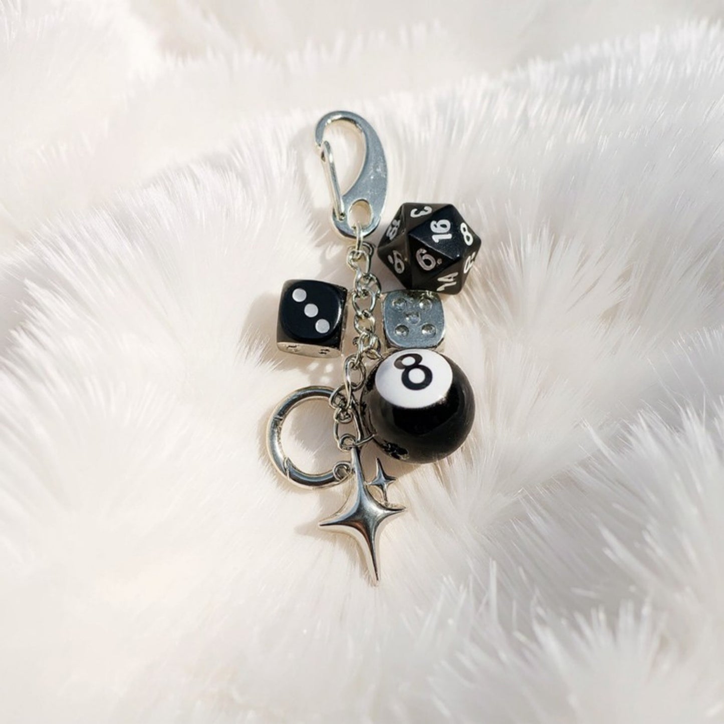 Dice and 8-Ball Charm Keychain with Star Pendant