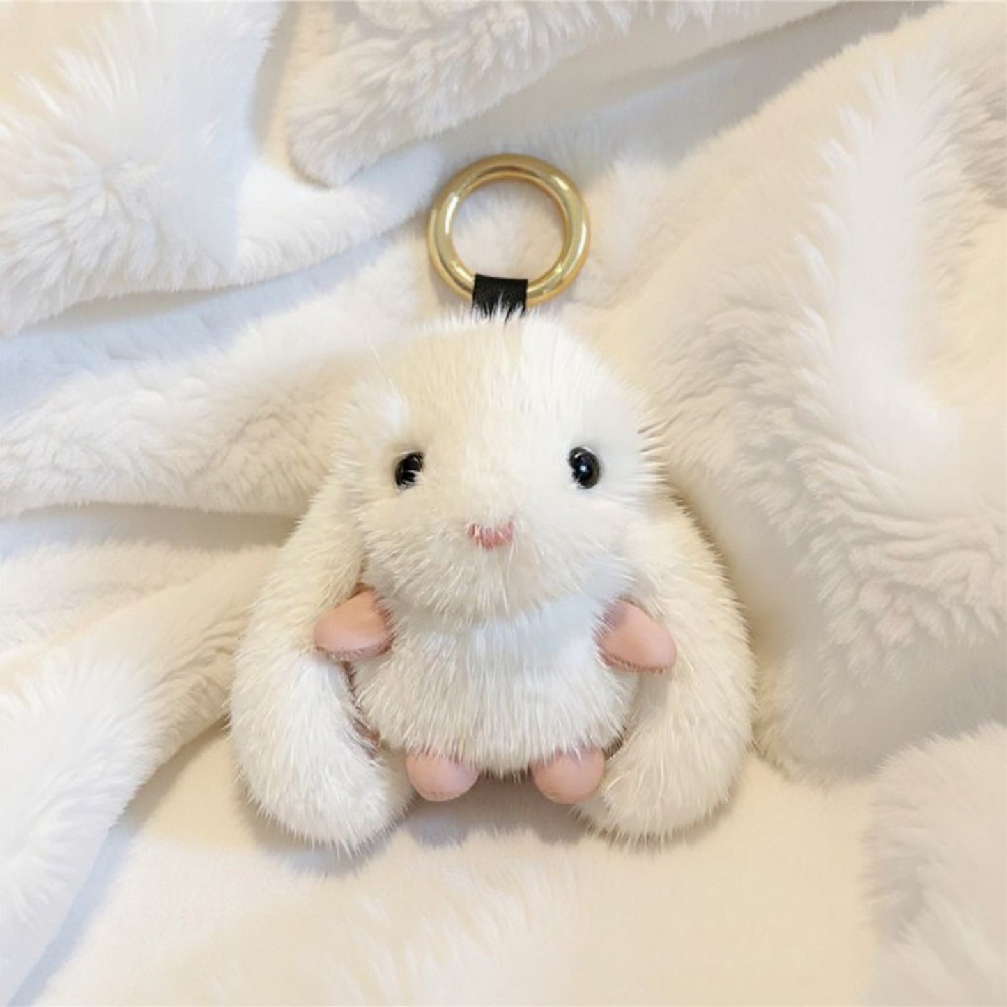 Plush Bunny Keychain with Soft Faux Fur and Gold Ring Attachment