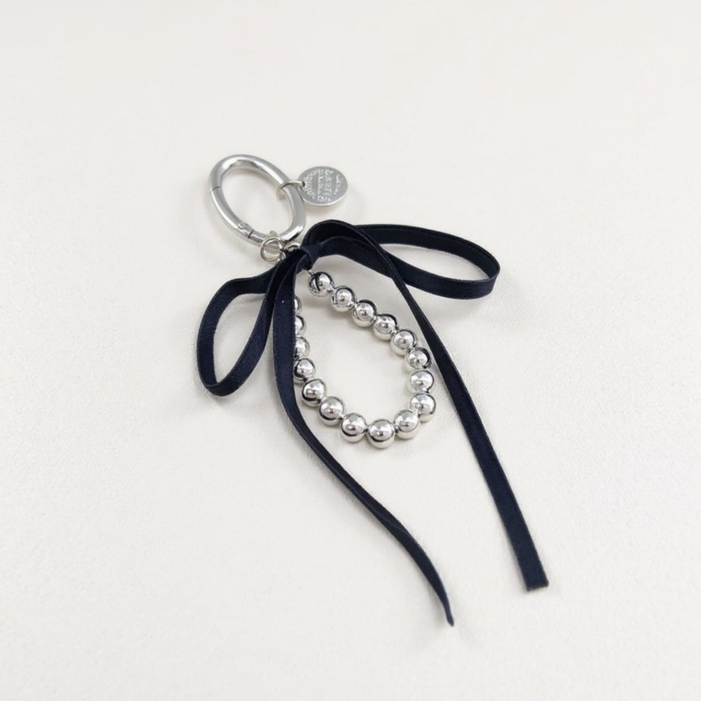 Silver Bead Charm Keychain with Velvet Ribbon Bow