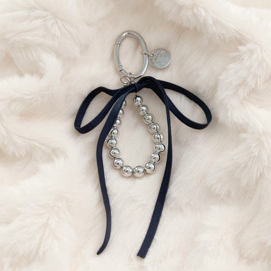 Silver Bead Charm Keychain with Velvet Ribbon Bow