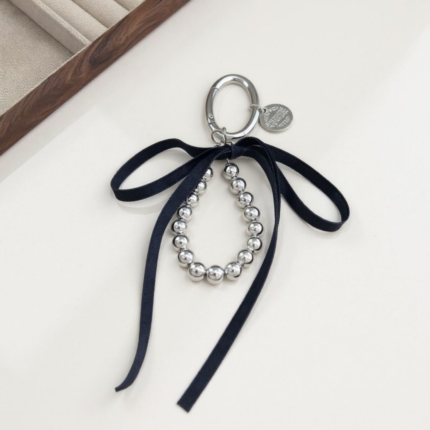 Silver Bead Charm Keychain with Velvet Ribbon Bow