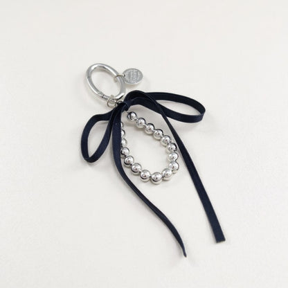 Silver Bead Charm Keychain with Velvet Ribbon Bow