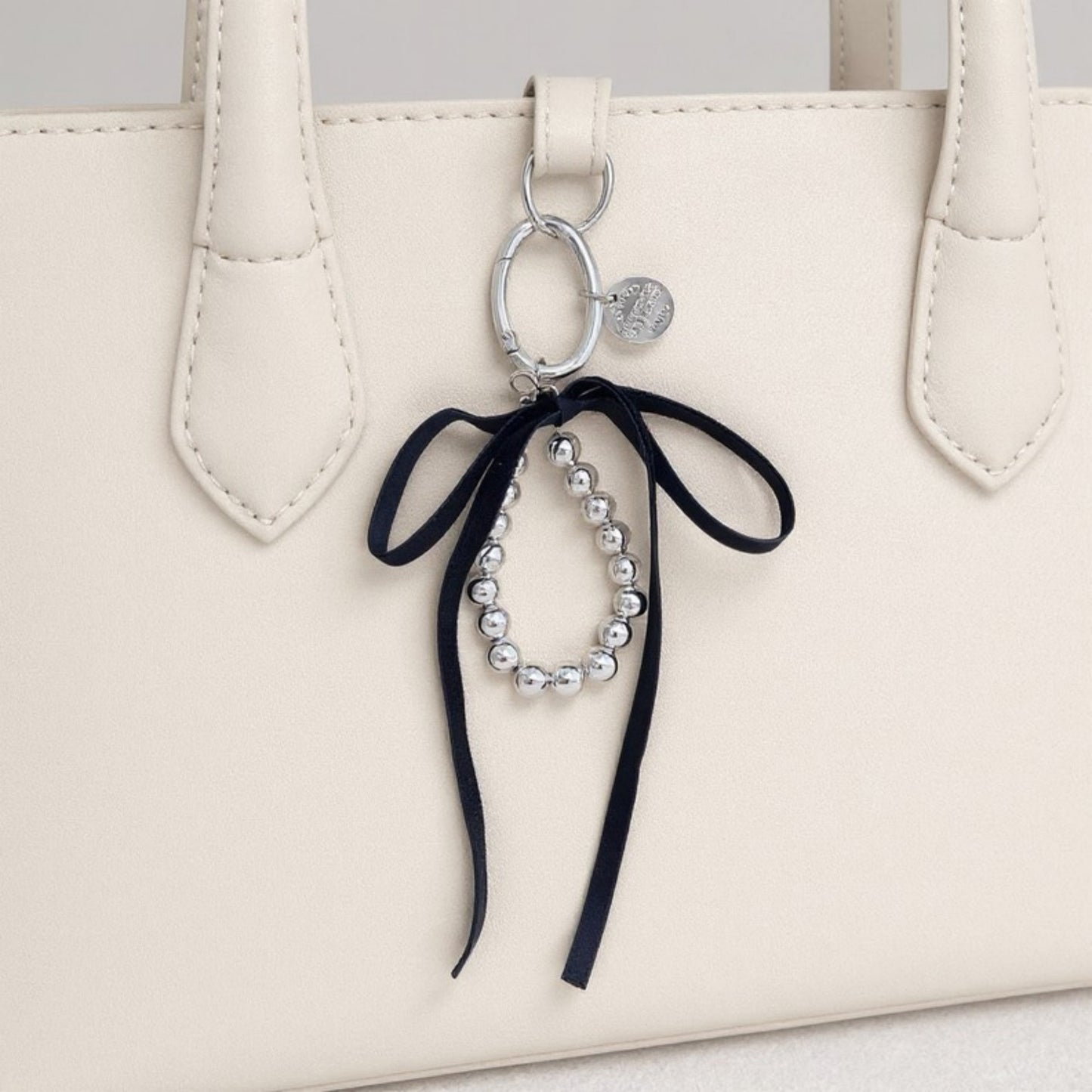 Silver Bead Charm Keychain with Velvet Ribbon Bow