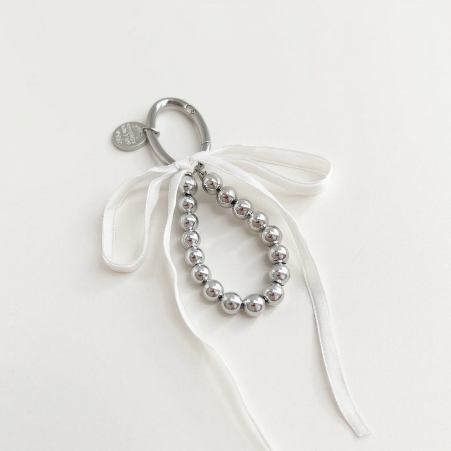 Silver Bead Charm Keychain with Velvet Ribbon Bow