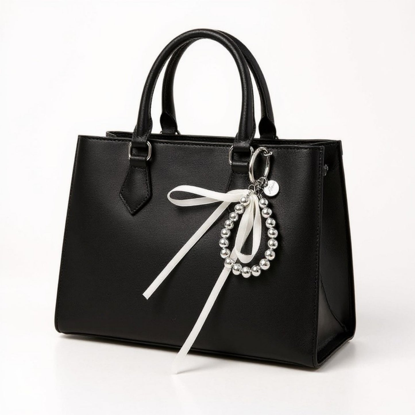 Silver Bead Charm Keychain with Velvet Ribbon Bow