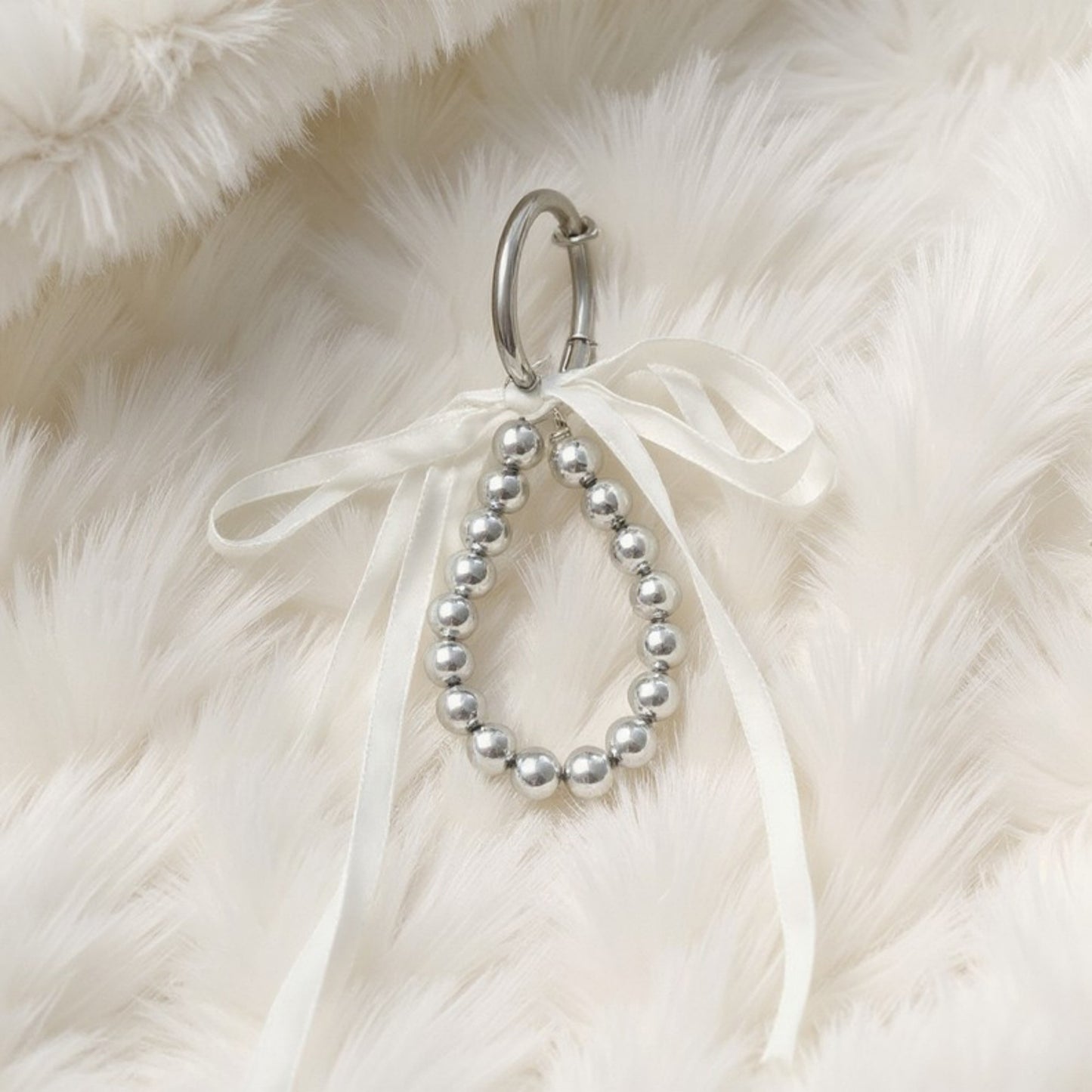Silver Bead Charm Keychain with Velvet Ribbon Bow