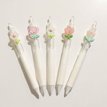 Set of 5 Retractable Gel Pens with Cute Flower Clip Designs