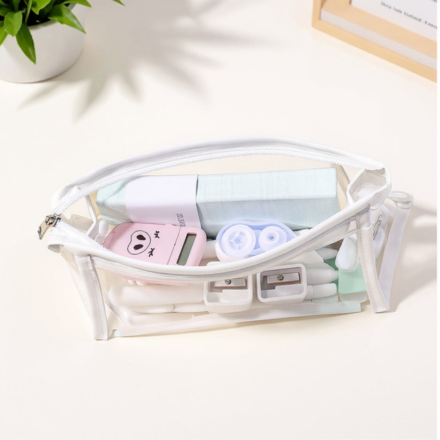 Clear PVC Cosmetic Pouch with Zipper Closure and Structured Base 7.9x3x4.7 in