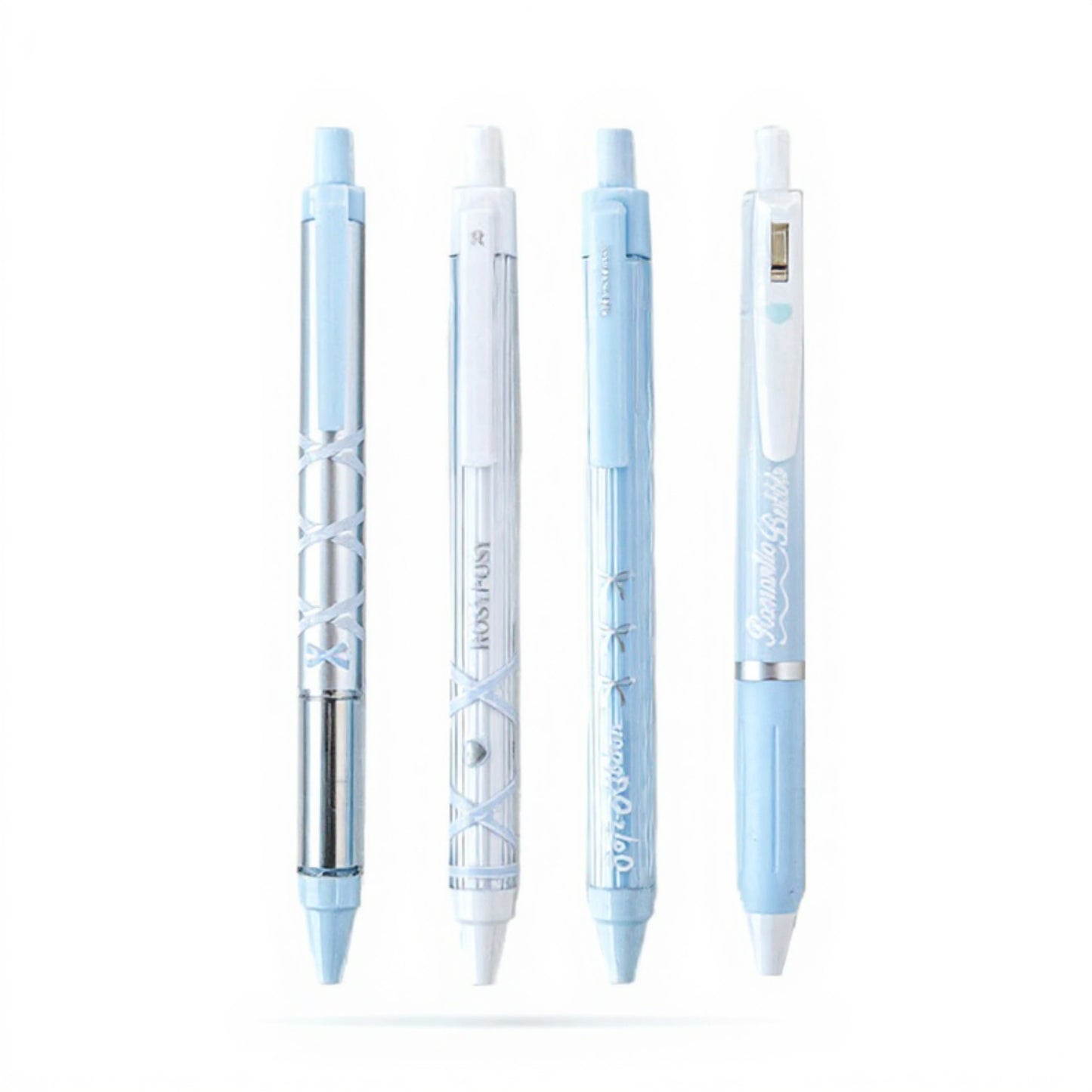 Set of 4 Retractable Ballpoint Pens with Light Blue Decorative Barrel Designs