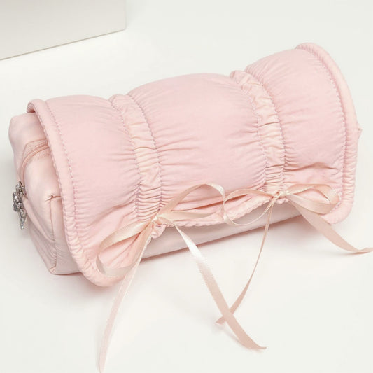 Quilted Satin Ribbon Pencil Case with Zipper Closure and Large Storage Capacity 7.9x4.3x2.7 in