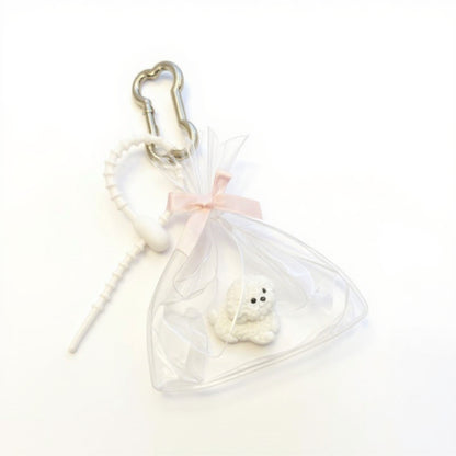 Clear Bow Bag Charm with White Puppy Figurine and Keychain Clip