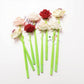 Set of 6 Artificial Rose Flower Pens with Realistic Petals and Green Stems