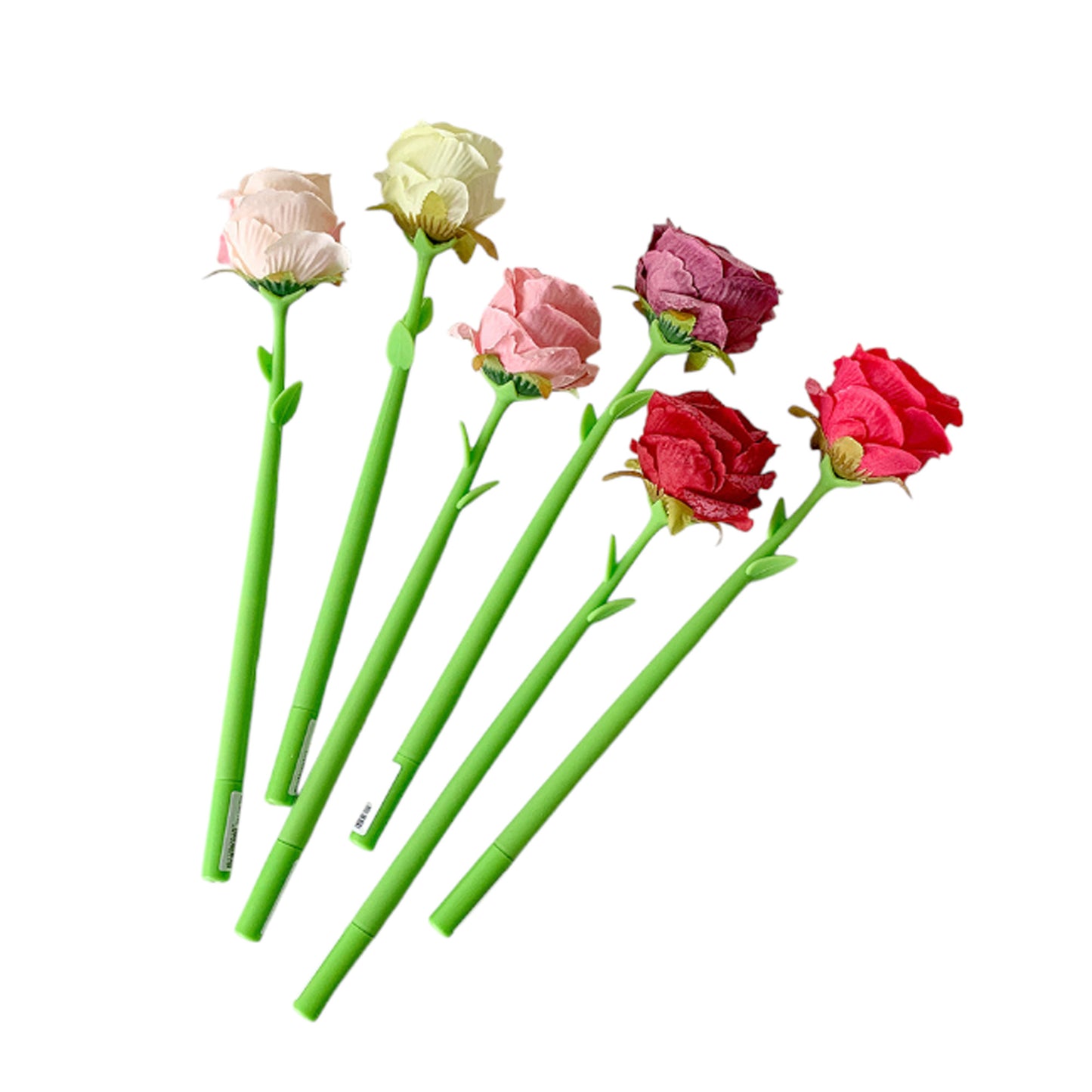 Set of 6 Artificial Rose Flower Pens with Realistic Petals and Green Stems