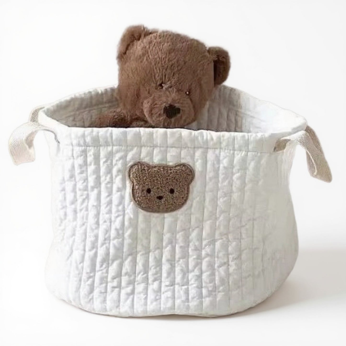 Soft Fabric Storage Basket with Embroidered Teddy Bear Design and Side Handles