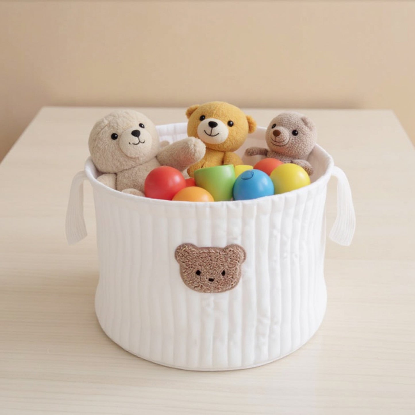 Soft Fabric Storage Basket with Embroidered Teddy Bear Design and Side Handles