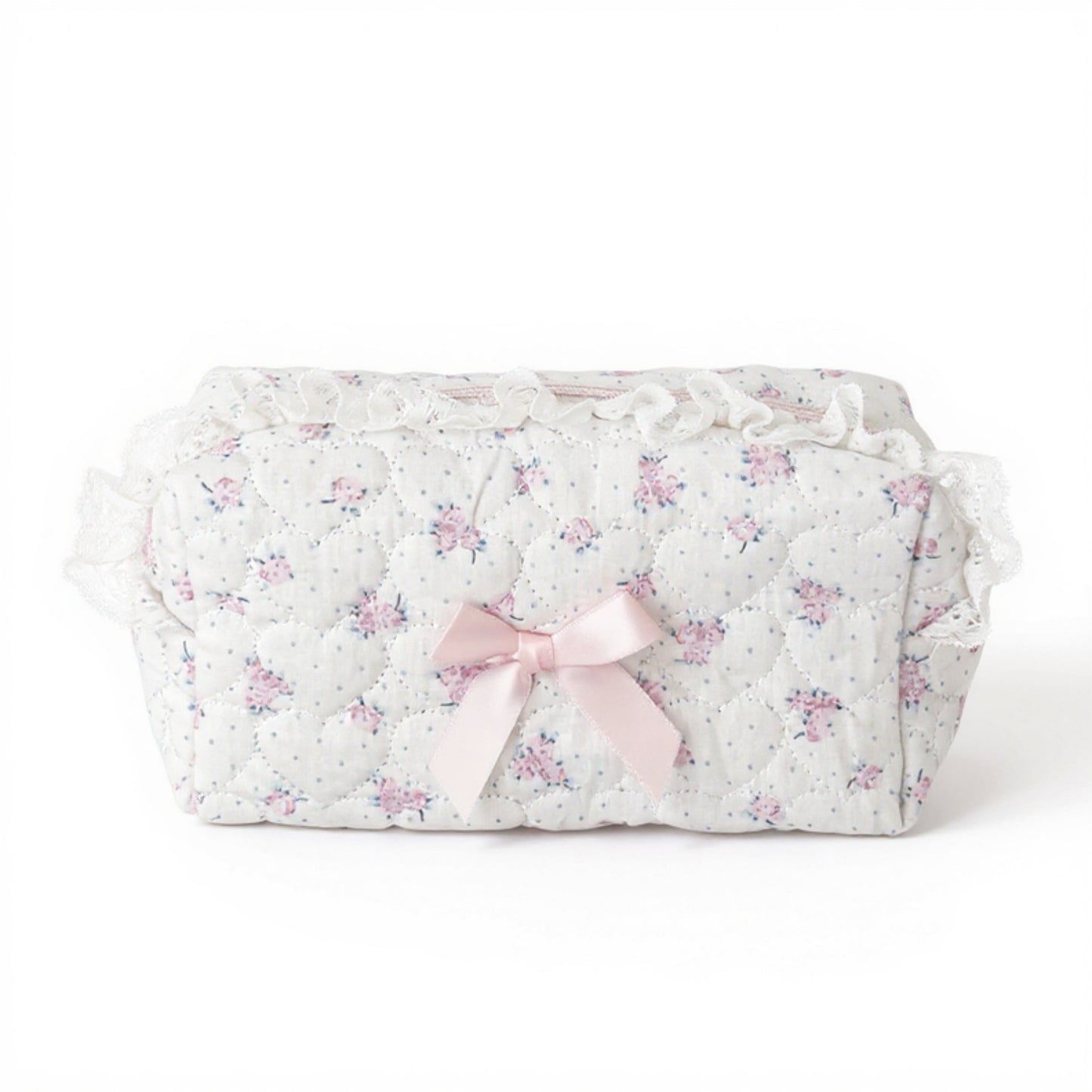 Quilted Floral Lace Makeup Bag with Bow Accent and Gingham Lining 7.3x4x3 in