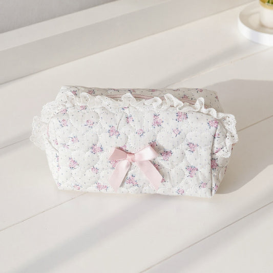 Quilted Floral Lace Makeup Bag with Bow Accent and Gingham Lining 7.3x4x3 in
