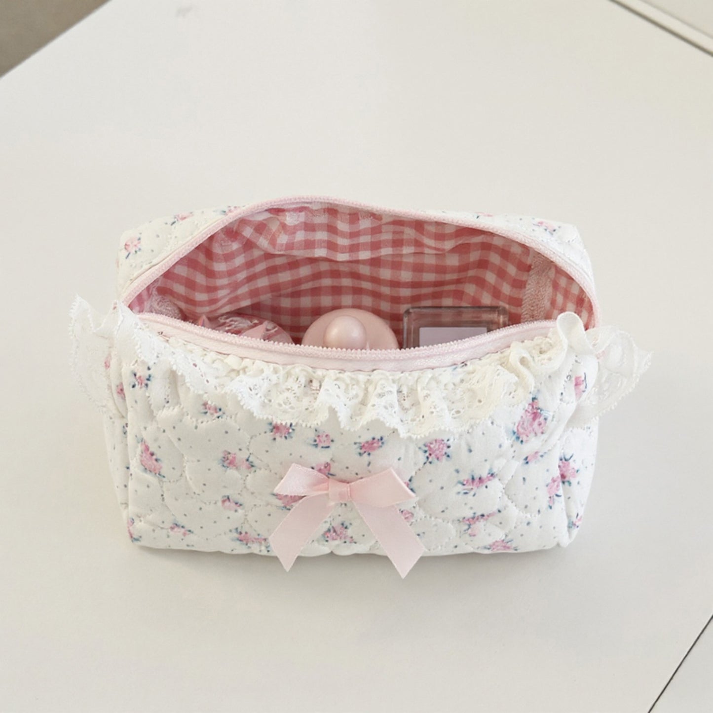 Quilted Floral Lace Makeup Bag with Bow Accent and Gingham Lining 7.3x4x3 in