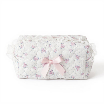 Quilted Floral Lace Makeup Bag with Bow Accent and Gingham Lining 7.3x4x3 in