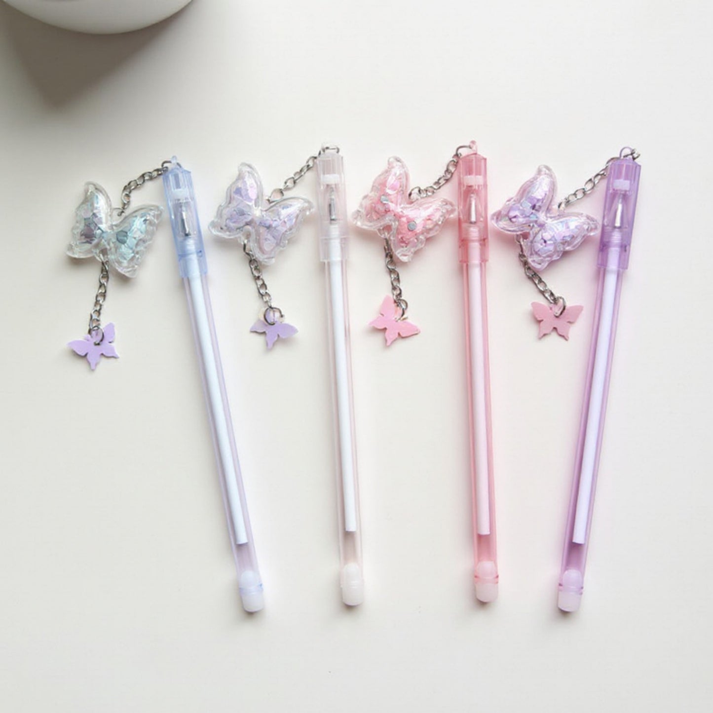10-Piece Butterfly Charm Gel Pen Set with Glitter Pendant and Chain Detail