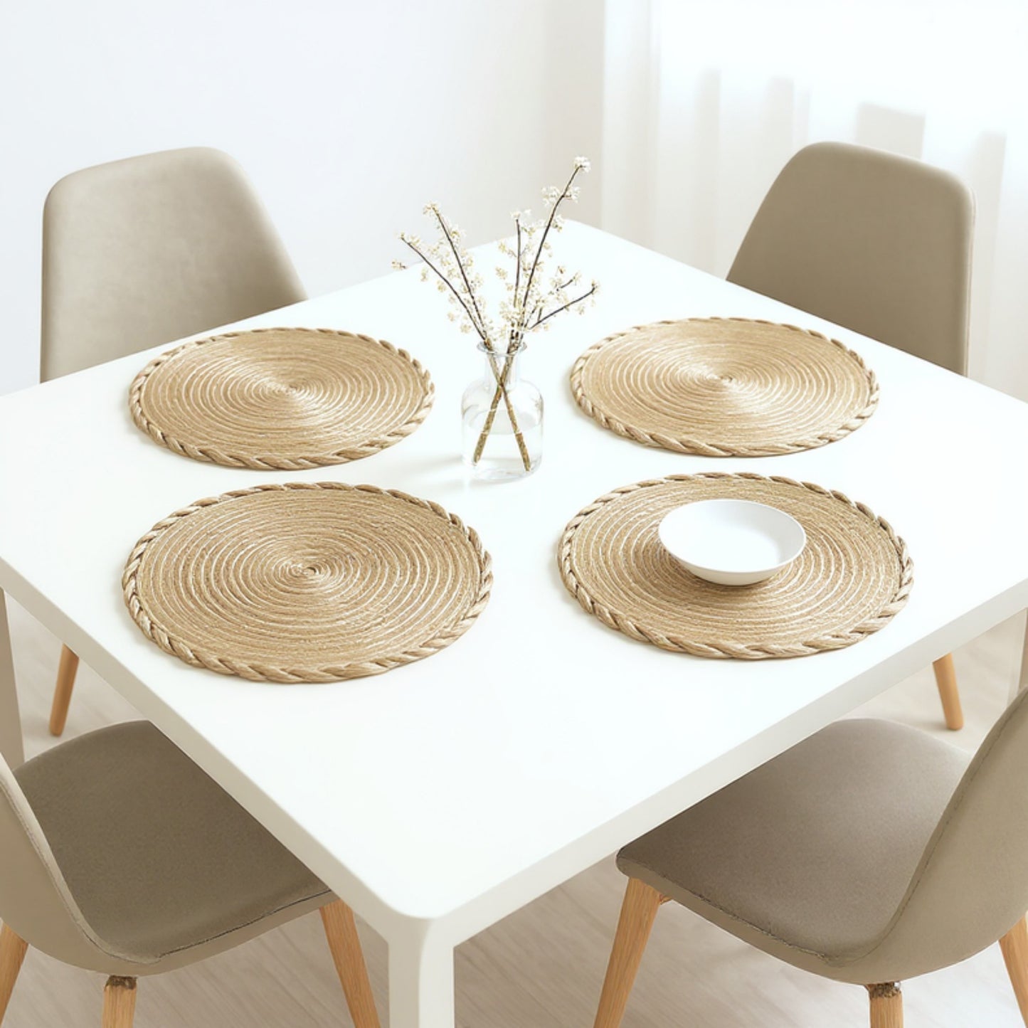 4-Piece Round Braided Woven Placemat with Textured Spiral Pattern for Dining Table