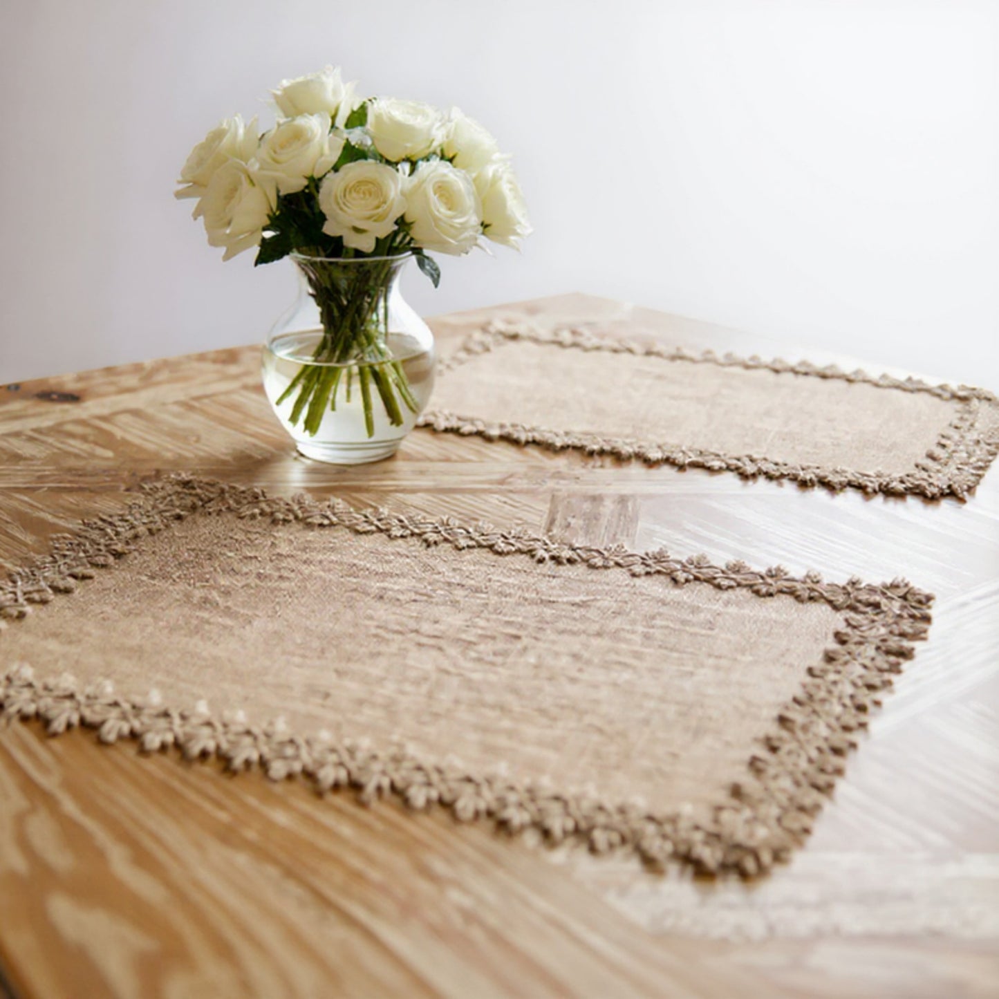 2-Piece Rectangular Lace Trim Woven Placemat with Decorative Crochet Edge