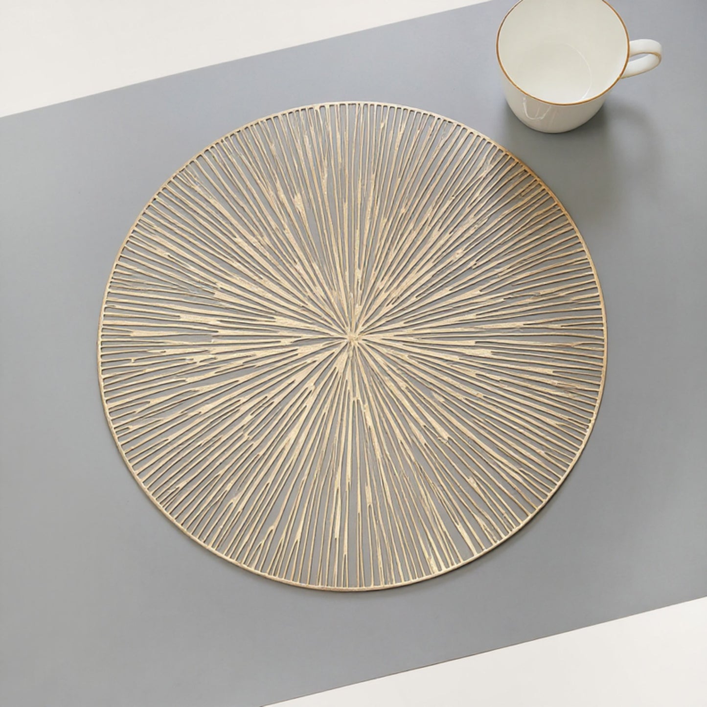 4-Piece Round Woven Rattan Placemat with Radiating Sunburst Design